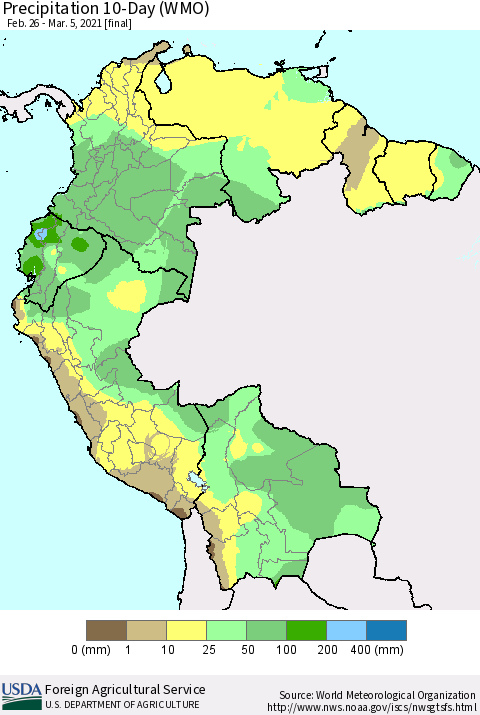 Northern South America Precipitation 10-Day (WMO) Thematic Map For 2/26/2021 - 3/5/2021