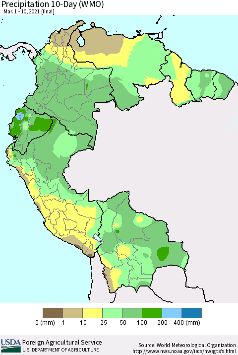 Northern South America Precipitation 10-Day (WMO) Thematic Map For 3/1/2021 - 3/10/2021