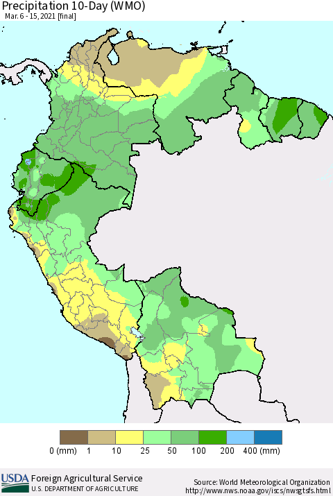Northern South America Precipitation 10-Day (WMO) Thematic Map For 3/6/2021 - 3/15/2021