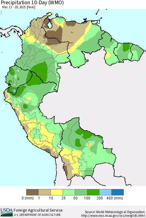 Northern South America Precipitation 10-Day (WMO) Thematic Map For 3/11/2021 - 3/20/2021