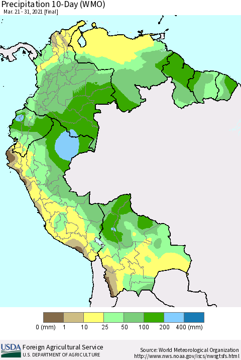 Northern South America Precipitation 10-Day (WMO) Thematic Map For 3/21/2021 - 3/31/2021
