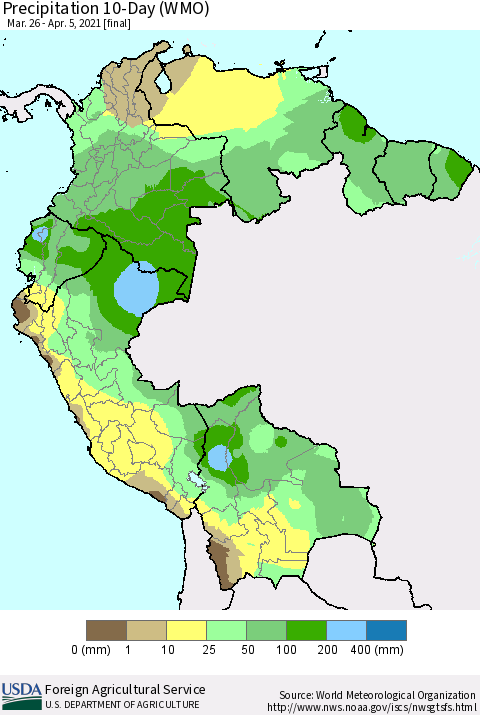 Northern South America Precipitation 10-Day (WMO) Thematic Map For 3/26/2021 - 4/5/2021