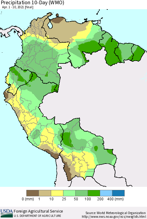 Northern South America Precipitation 10-Day (WMO) Thematic Map For 4/1/2021 - 4/10/2021