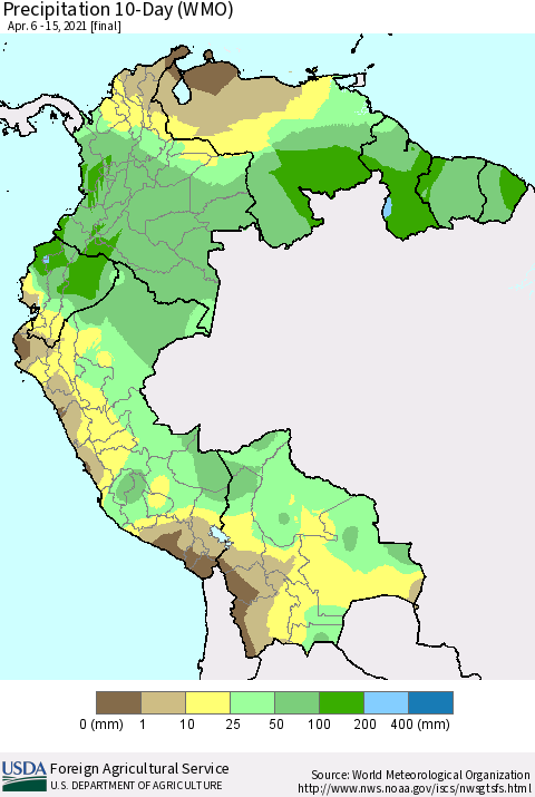 Northern South America Precipitation 10-Day (WMO) Thematic Map For 4/6/2021 - 4/15/2021