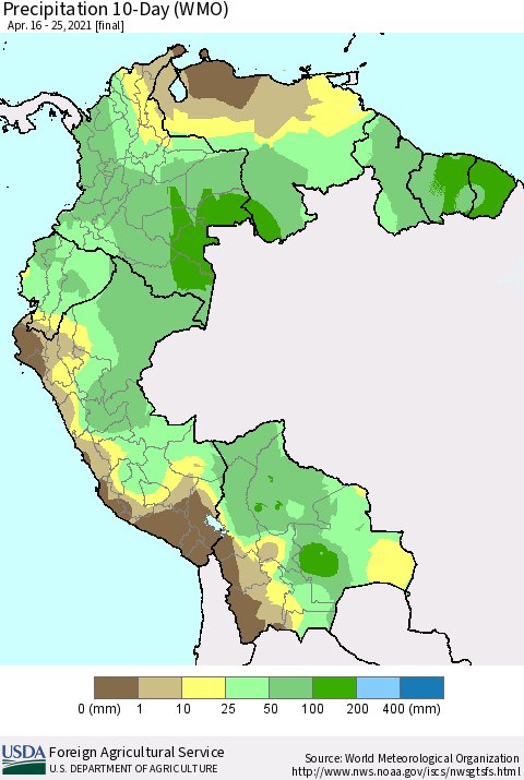 Northern South America Precipitation 10-Day (WMO) Thematic Map For 4/16/2021 - 4/25/2021