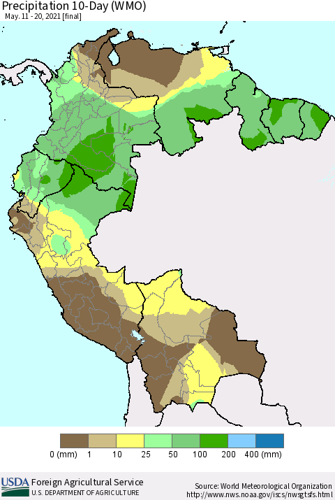 Northern South America Precipitation 10-Day (WMO) Thematic Map For 5/11/2021 - 5/20/2021