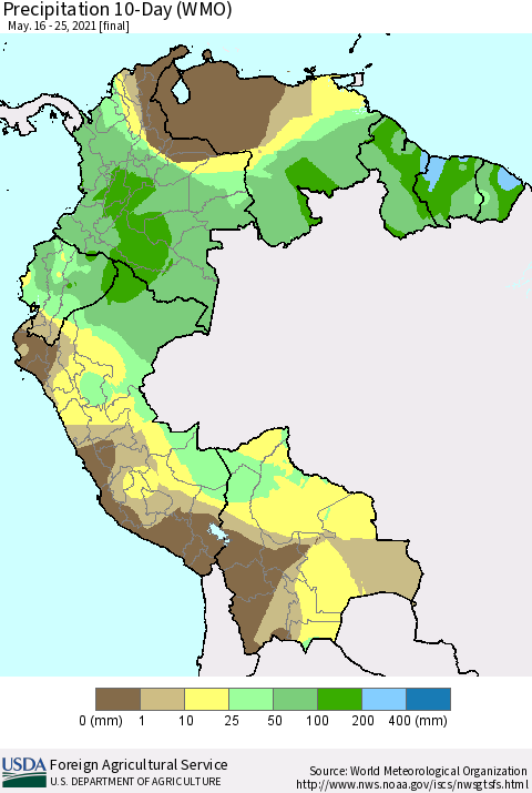 Northern South America Precipitation 10-Day (WMO) Thematic Map For 5/16/2021 - 5/25/2021
