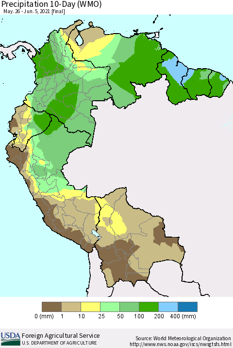 Northern South America Precipitation 10-Day (WMO) Thematic Map For 5/26/2021 - 6/5/2021