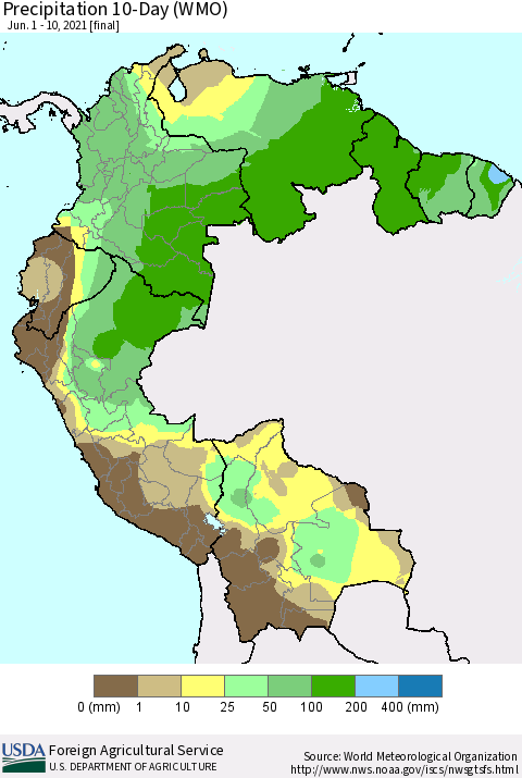 Northern South America Precipitation 10-Day (WMO) Thematic Map For 6/1/2021 - 6/10/2021