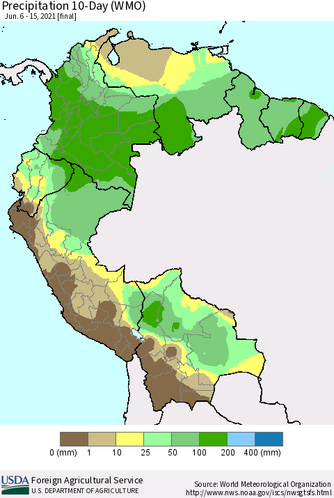 Northern South America Precipitation 10-Day (WMO) Thematic Map For 6/6/2021 - 6/15/2021
