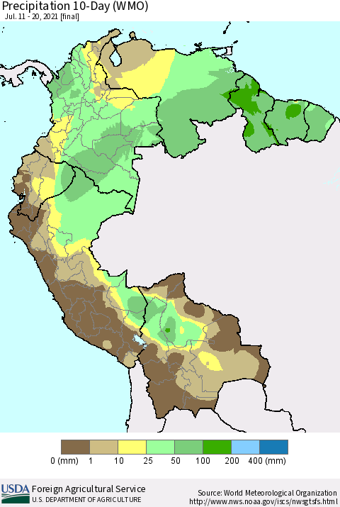 Northern South America Precipitation 10-Day (WMO) Thematic Map For 7/11/2021 - 7/20/2021