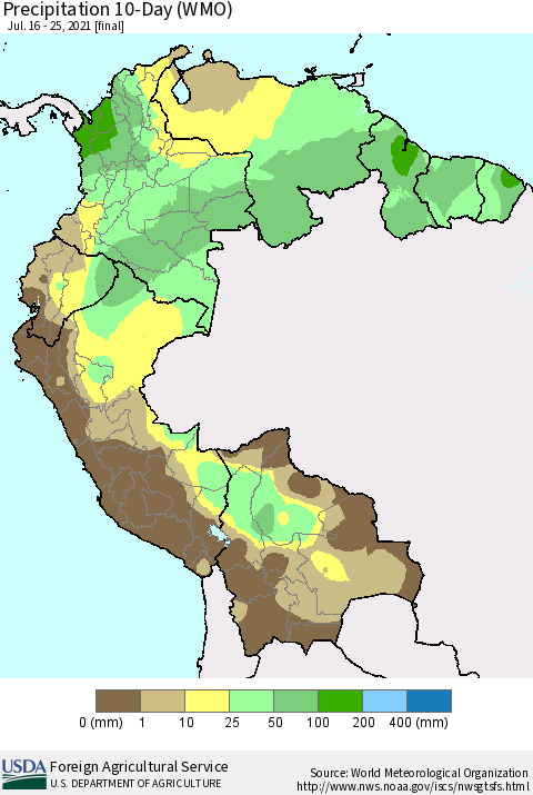 Northern South America Precipitation 10-Day (WMO) Thematic Map For 7/16/2021 - 7/25/2021