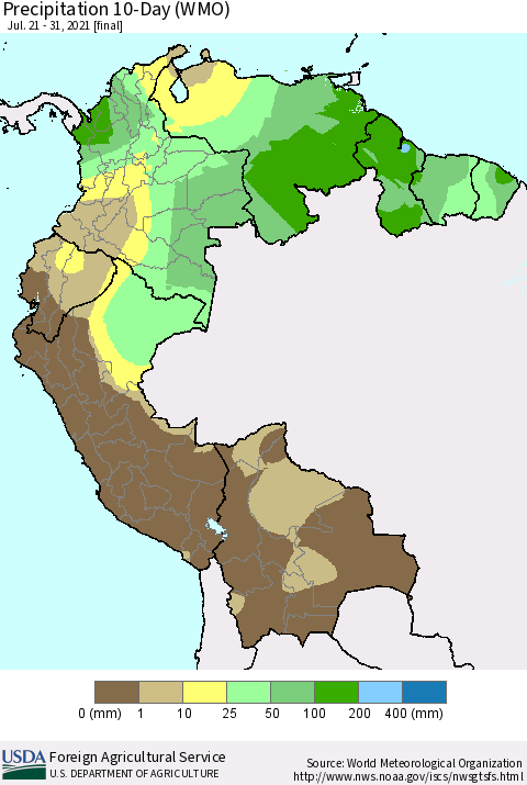 Northern South America Precipitation 10-Day (WMO) Thematic Map For 7/21/2021 - 7/31/2021