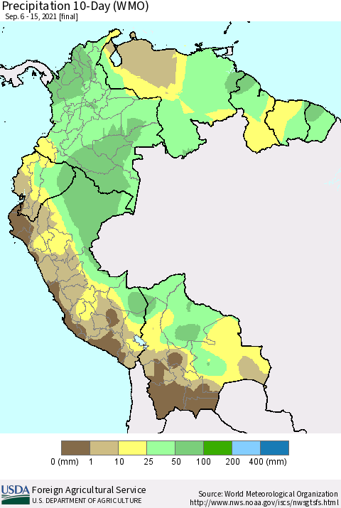 Northern South America Precipitation 10-Day (WMO) Thematic Map For 9/6/2021 - 9/15/2021