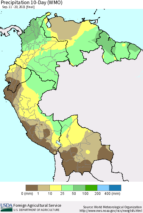 Northern South America Precipitation 10-Day (WMO) Thematic Map For 9/11/2021 - 9/20/2021
