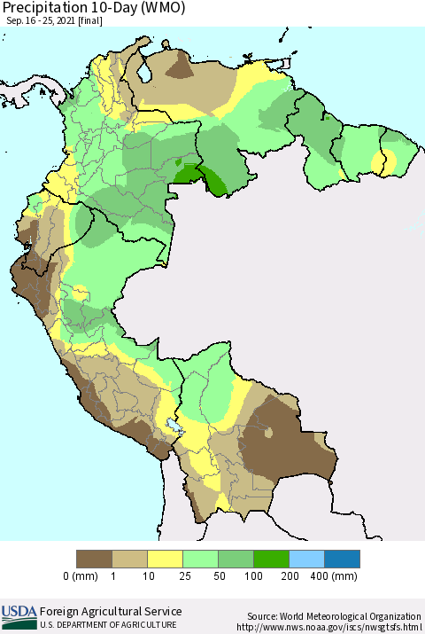 Northern South America Precipitation 10-Day (WMO) Thematic Map For 9/16/2021 - 9/25/2021