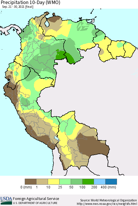 Northern South America Precipitation 10-Day (WMO) Thematic Map For 9/21/2021 - 9/30/2021
