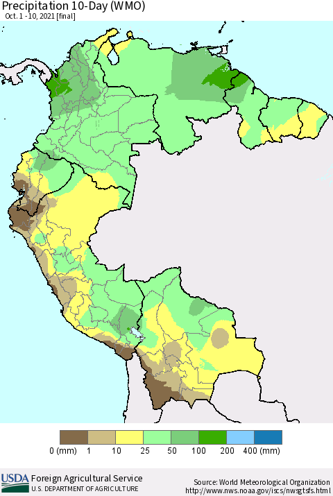 Northern South America Precipitation 10-Day (WMO) Thematic Map For 10/1/2021 - 10/10/2021