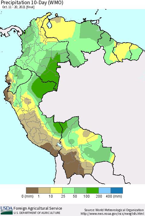Northern South America Precipitation 10-Day (WMO) Thematic Map For 10/11/2021 - 10/20/2021