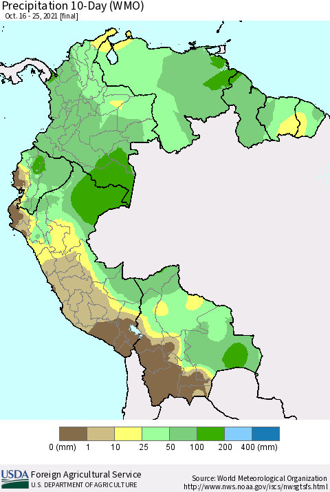 Northern South America Precipitation 10-Day (WMO) Thematic Map For 10/16/2021 - 10/25/2021