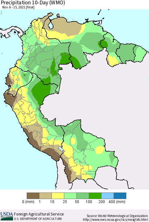 Northern South America Precipitation 10-Day (WMO) Thematic Map For 11/6/2021 - 11/15/2021