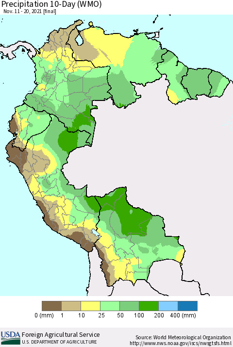 Northern South America Precipitation 10-Day (WMO) Thematic Map For 11/11/2021 - 11/20/2021