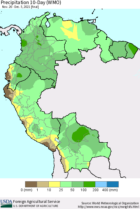 Northern South America Precipitation 10-Day (WMO) Thematic Map For 11/26/2021 - 12/5/2021