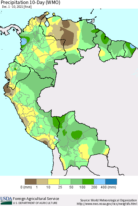 Northern South America Precipitation 10-Day (WMO) Thematic Map For 12/1/2021 - 12/10/2021