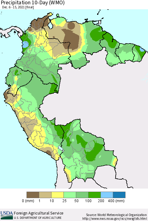 Northern South America Precipitation 10-Day (WMO) Thematic Map For 12/6/2021 - 12/15/2021