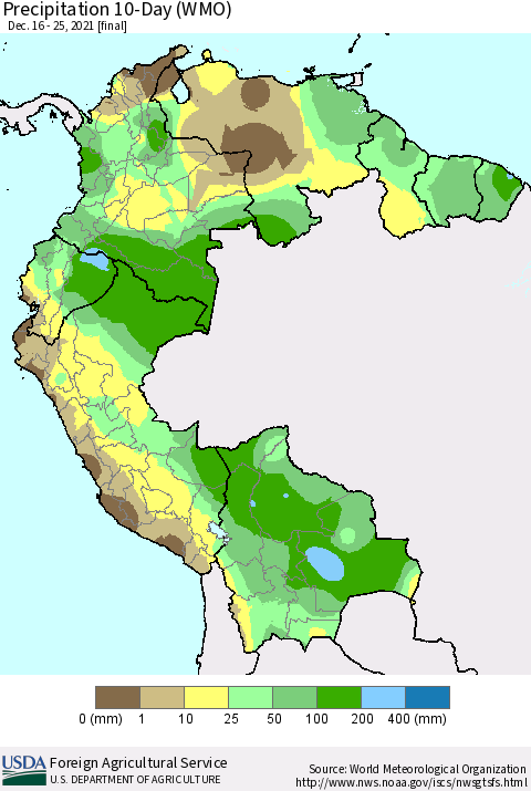 Northern South America Precipitation 10-Day (WMO) Thematic Map For 12/16/2021 - 12/25/2021
