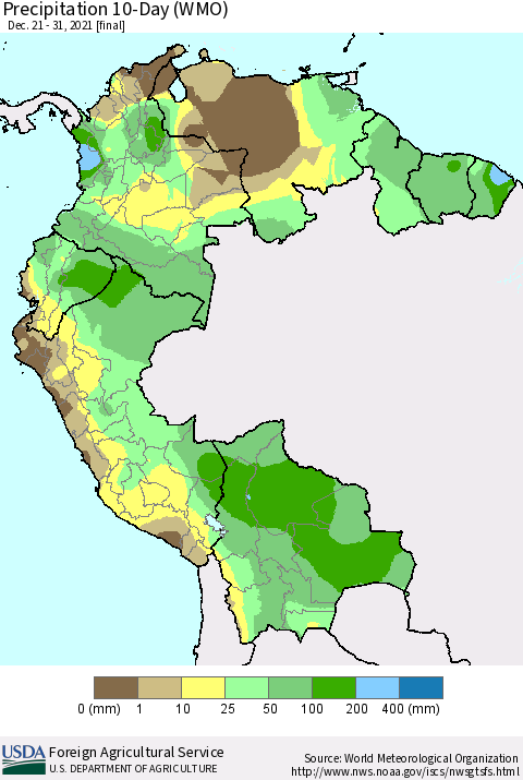 Northern South America Precipitation 10-Day (WMO) Thematic Map For 12/21/2021 - 12/31/2021
