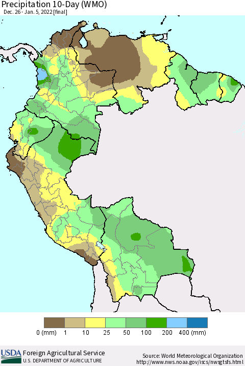 Northern South America Precipitation 10-Day (WMO) Thematic Map For 12/26/2021 - 1/5/2022