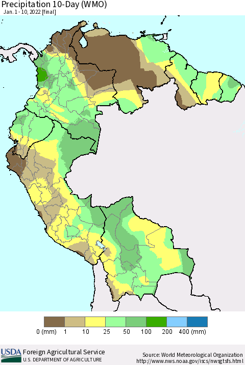 Northern South America Precipitation 10-Day (WMO) Thematic Map For 1/1/2022 - 1/10/2022