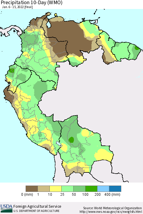 Northern South America Precipitation 10-Day (WMO) Thematic Map For 1/6/2022 - 1/15/2022