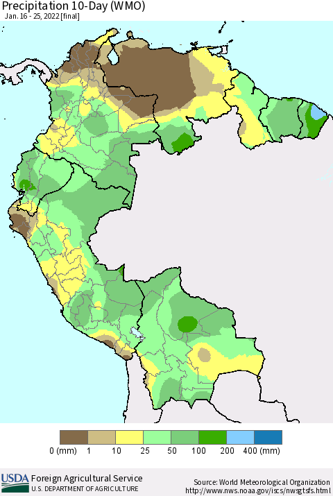 Northern South America Precipitation 10-Day (WMO) Thematic Map For 1/16/2022 - 1/25/2022