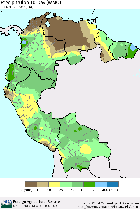 Northern South America Precipitation 10-Day (WMO) Thematic Map For 1/21/2022 - 1/31/2022