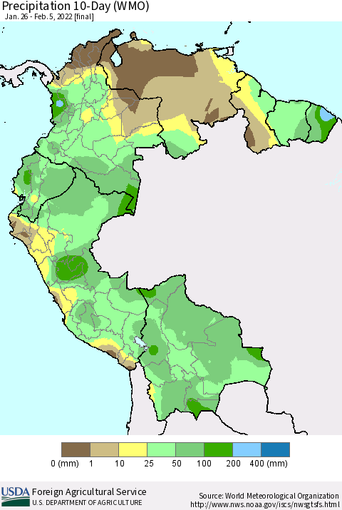 Northern South America Precipitation 10-Day (WMO) Thematic Map For 1/26/2022 - 2/5/2022