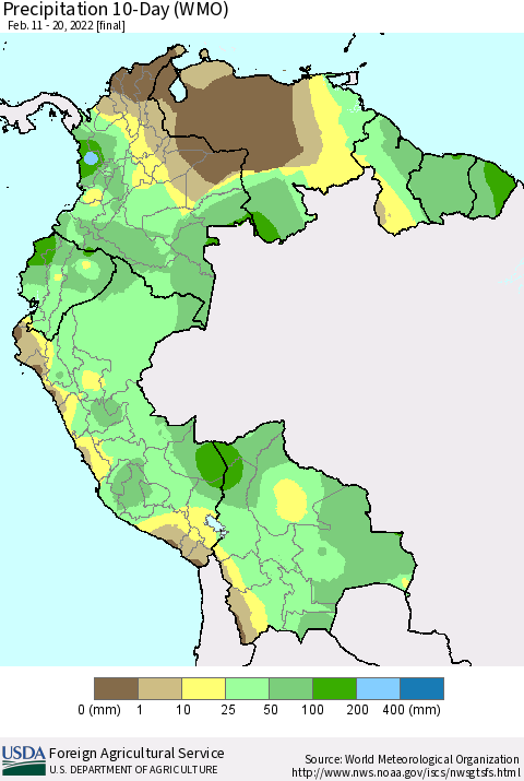 Northern South America Precipitation 10-Day (WMO) Thematic Map For 2/11/2022 - 2/20/2022