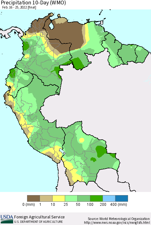 Northern South America Precipitation 10-Day (WMO) Thematic Map For 2/16/2022 - 2/25/2022
