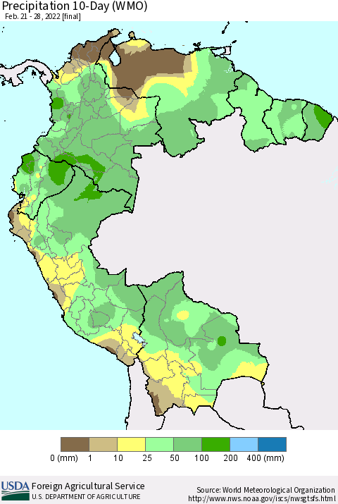 Northern South America Precipitation 10-Day (WMO) Thematic Map For 2/21/2022 - 2/28/2022