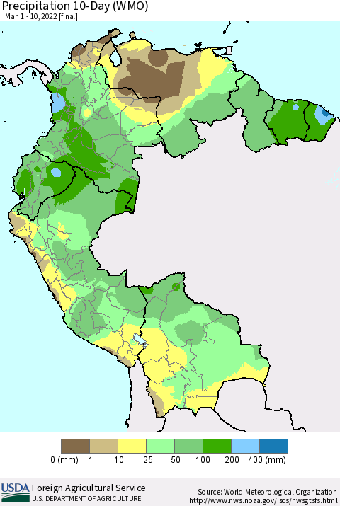 Northern South America Precipitation 10-Day (WMO) Thematic Map For 3/1/2022 - 3/10/2022