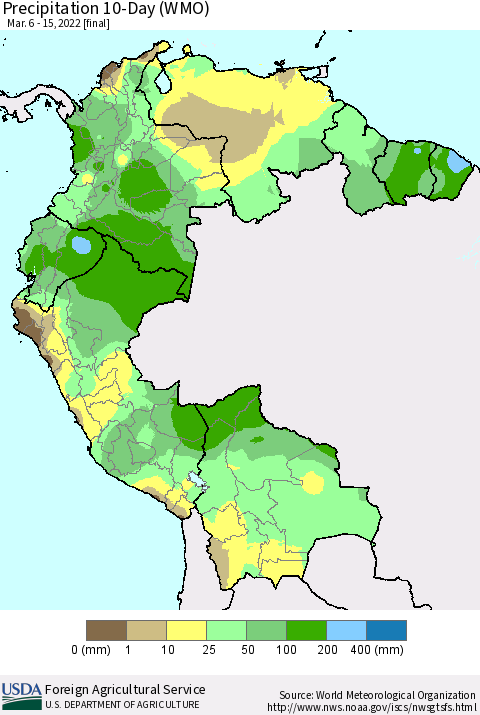 Northern South America Precipitation 10-Day (WMO) Thematic Map For 3/6/2022 - 3/15/2022