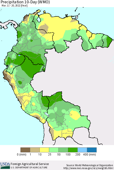 Northern South America Precipitation 10-Day (WMO) Thematic Map For 3/11/2022 - 3/20/2022