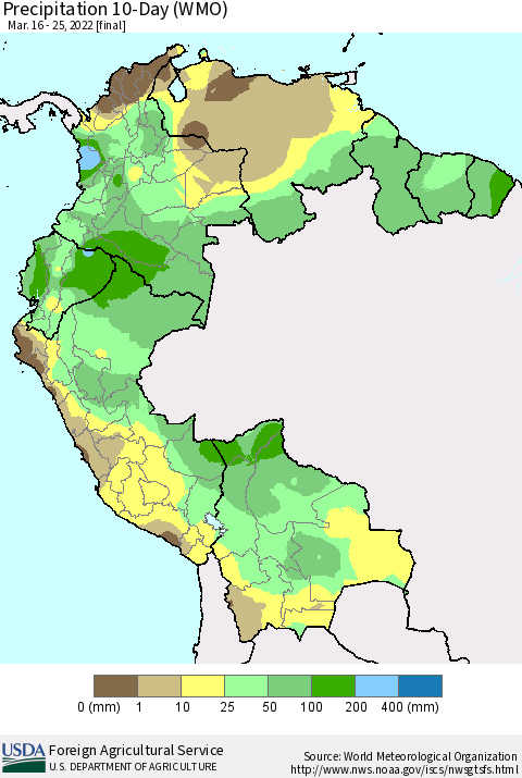 Northern South America Precipitation 10-Day (WMO) Thematic Map For 3/16/2022 - 3/25/2022