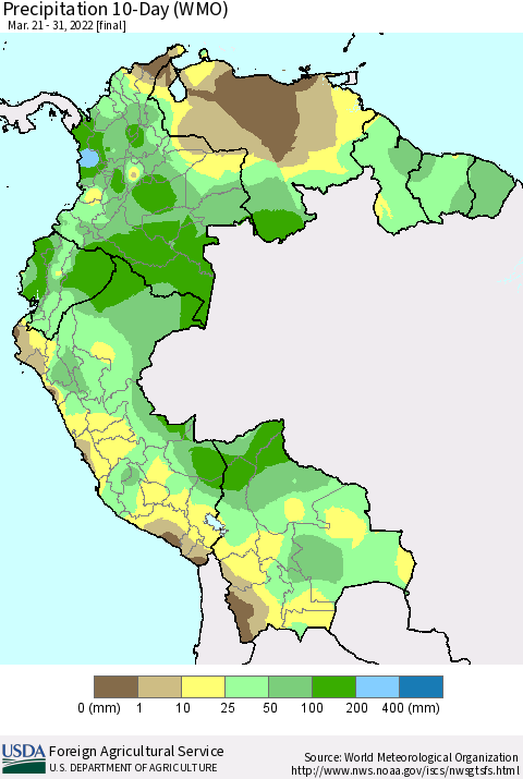 Northern South America Precipitation 10-Day (WMO) Thematic Map For 3/21/2022 - 3/31/2022