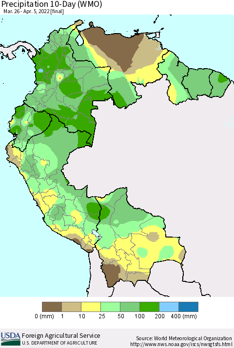 Northern South America Precipitation 10-Day (WMO) Thematic Map For 3/26/2022 - 4/5/2022