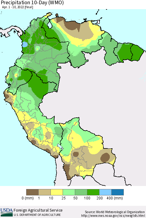 Northern South America Precipitation 10-Day (WMO) Thematic Map For 4/1/2022 - 4/10/2022