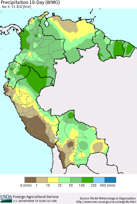 Northern South America Precipitation 10-Day (WMO) Thematic Map For 4/6/2022 - 4/15/2022