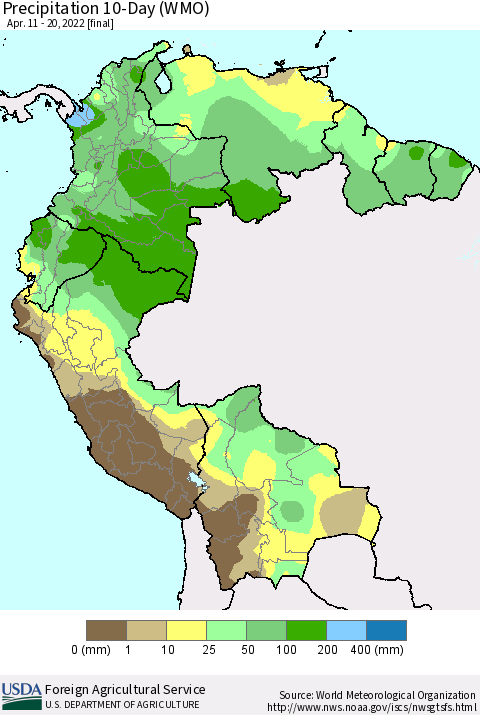 Northern South America Precipitation 10-Day (WMO) Thematic Map For 4/11/2022 - 4/20/2022