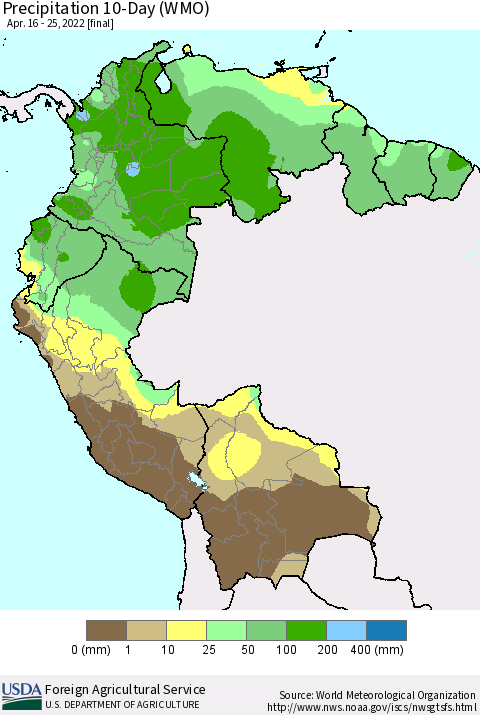 Northern South America Precipitation 10-Day (WMO) Thematic Map For 4/16/2022 - 4/25/2022